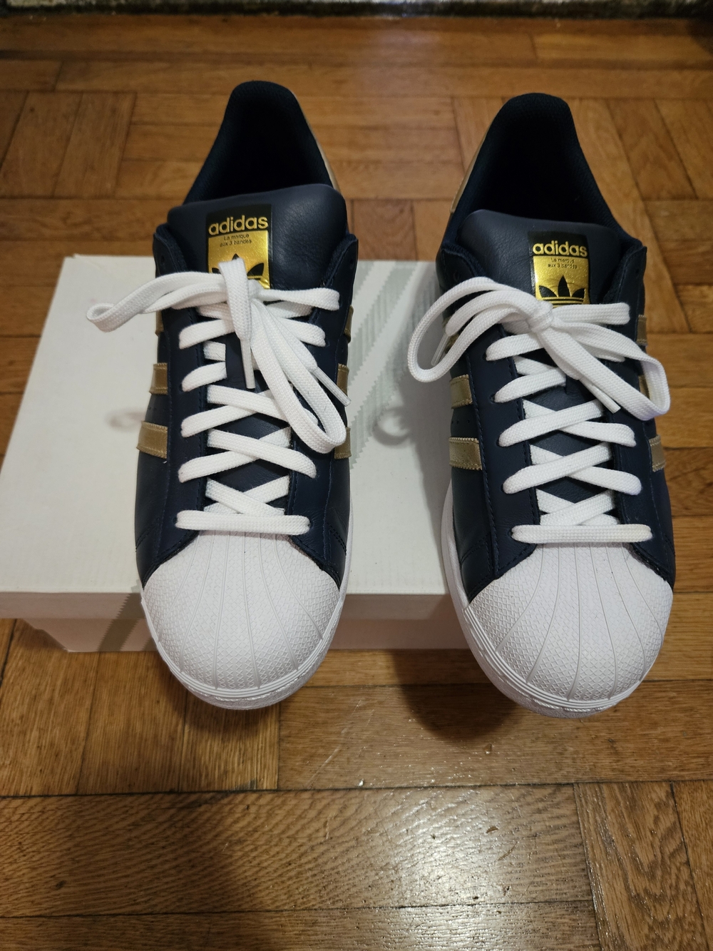 Adidas Men’s Navy and White Superstar Sneakers with Gold Accents